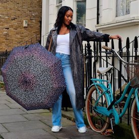 Женский зонт Fulton L354 Minilite-2 Cascading Spots (механика, складной, черного цвета с принтом разноцветного горошка) 95523