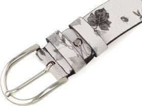 Білий вінтажний ремінь жіночий з натуральної шкіри з квітами REMAR (40539)