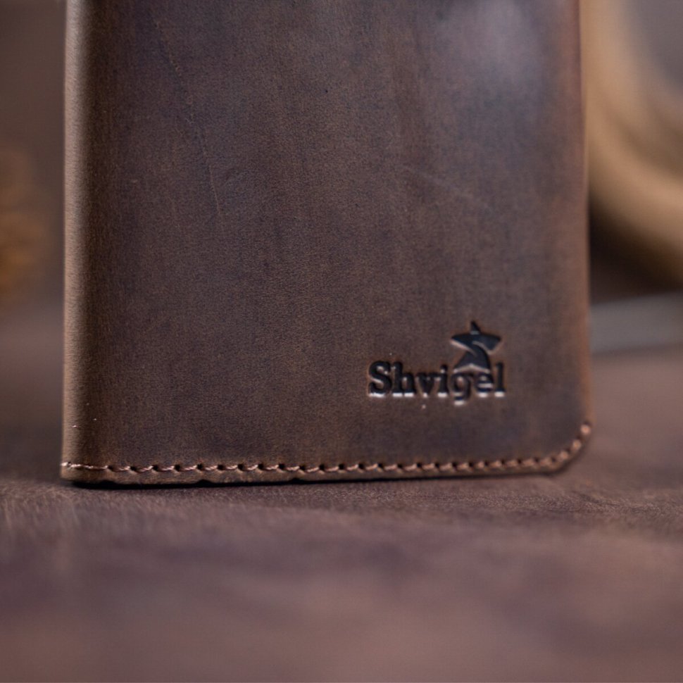 Темно-коричневый мужской купюрник из винтажной кожи с хлястиком SHVIGEL (2416207)