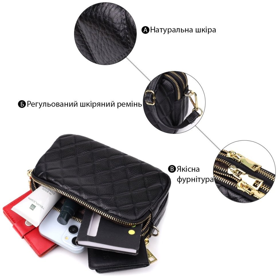 Повседневная компактная женская сумка из фактурной кожи на три отделения Vintage 98223 черного цвета modnotak фото №5