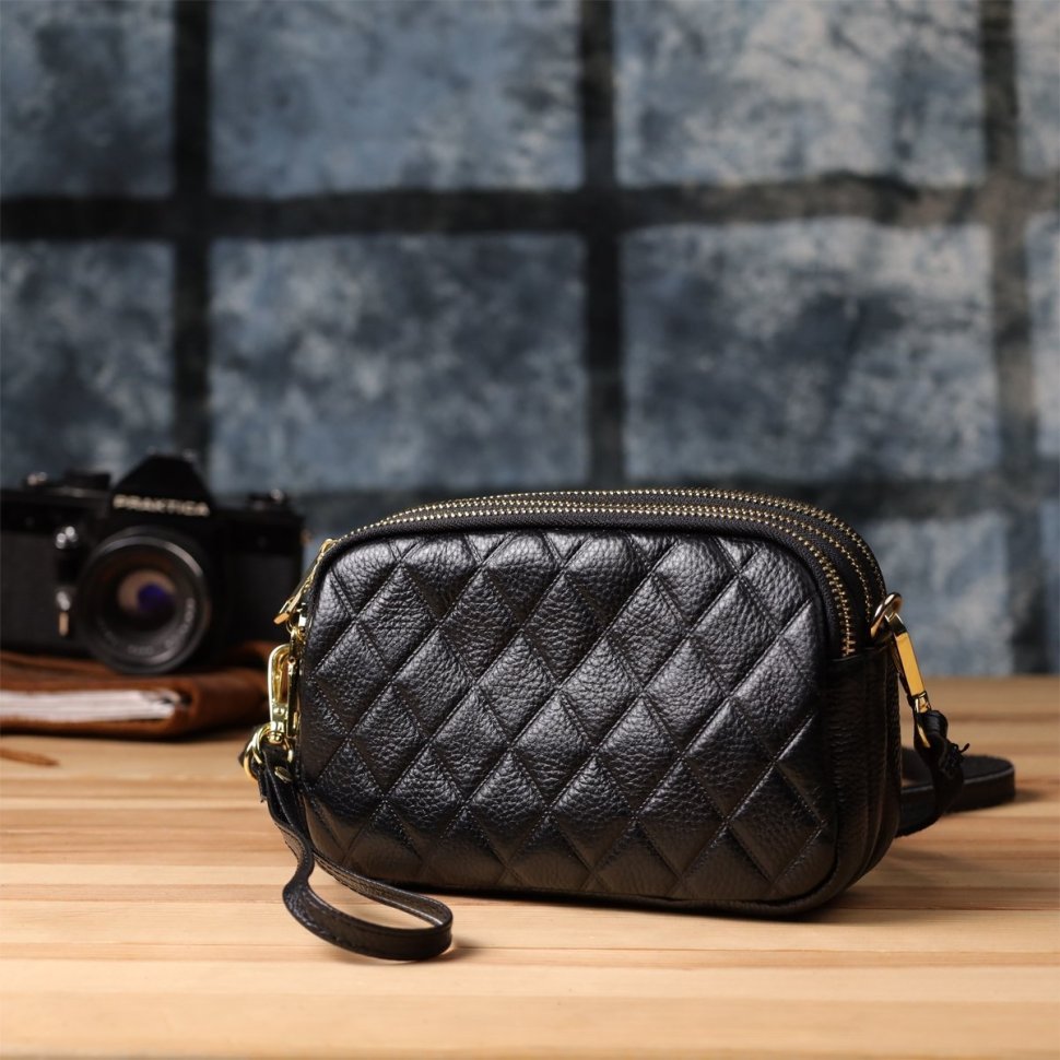 Повседневная компактная женская сумка из фактурной кожи на три отделения Vintage 98223 черного цвета modnotak фото №9