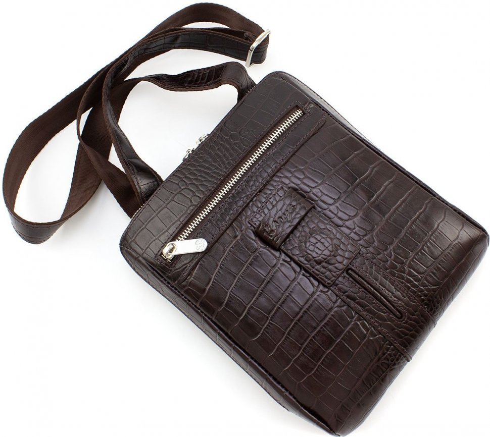 Шкіряна сумка-планшет коричневого кольору на блискавці KARYA (12409)