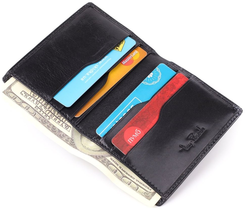 Компактное мужское портмоне без застежки из натуральной гладкой кожи черного цвета без монетницы Tony Perotti 108523 modnotak фото №6