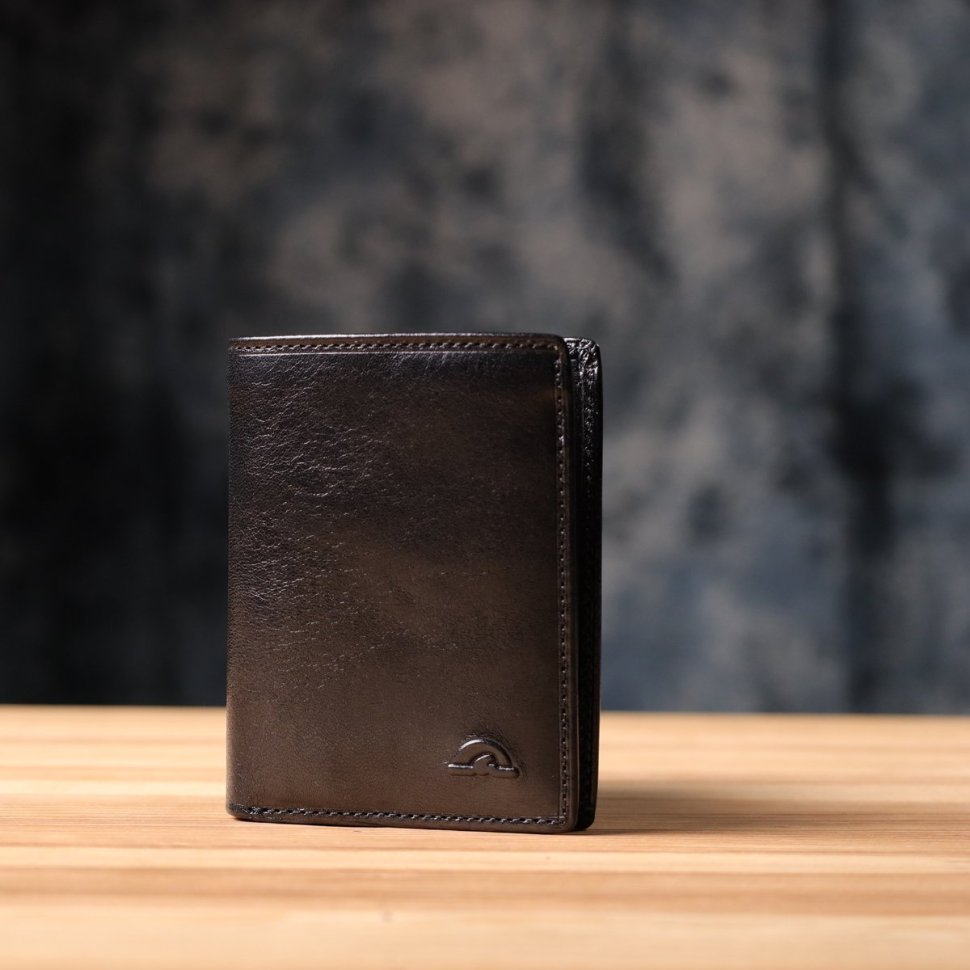 Компактное мужское портмоне без застежки из натуральной гладкой кожи черного цвета без монетницы Tony Perotti 108523 modnotak фото №8