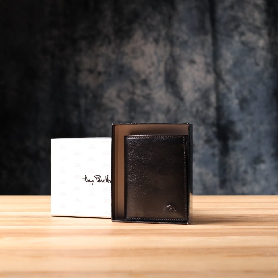 Компактное мужское портмоне без застежки из натуральной гладкой кожи черного цвета без монетницы Tony Perotti 108523 modnotak фото №10