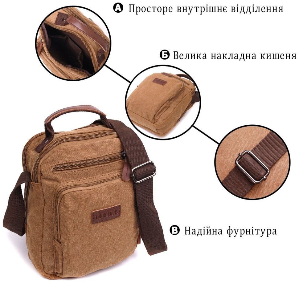 Средняя мужская сумка-барсетка из текстиля в коричневом цвете Vintage 2422236 modnotak фото №10