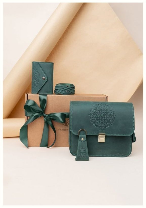 Женский подарочный набор кожаных аксессуаров зеленого цвета BlankNote BN-set-access-15 modnotak фото №2