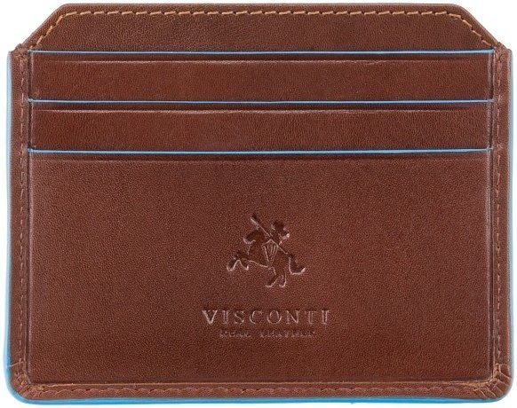 Тонкий коричневый картхолдер из натуральной кожи с синей окантовкой Visconti Louis 69123