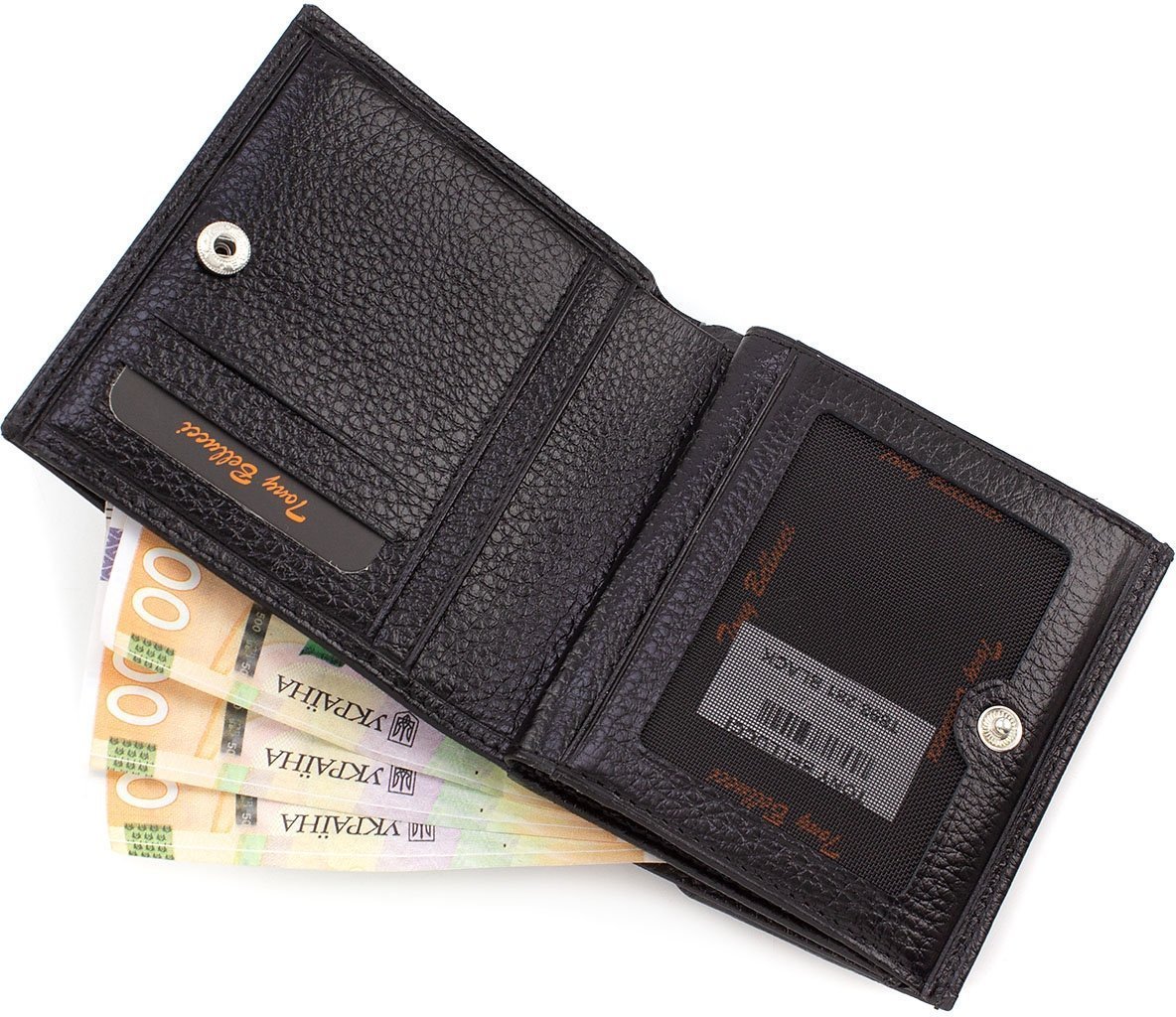 Чорний гаманець з натуральної шкіри на кнопці Tony Bellucci (12435)