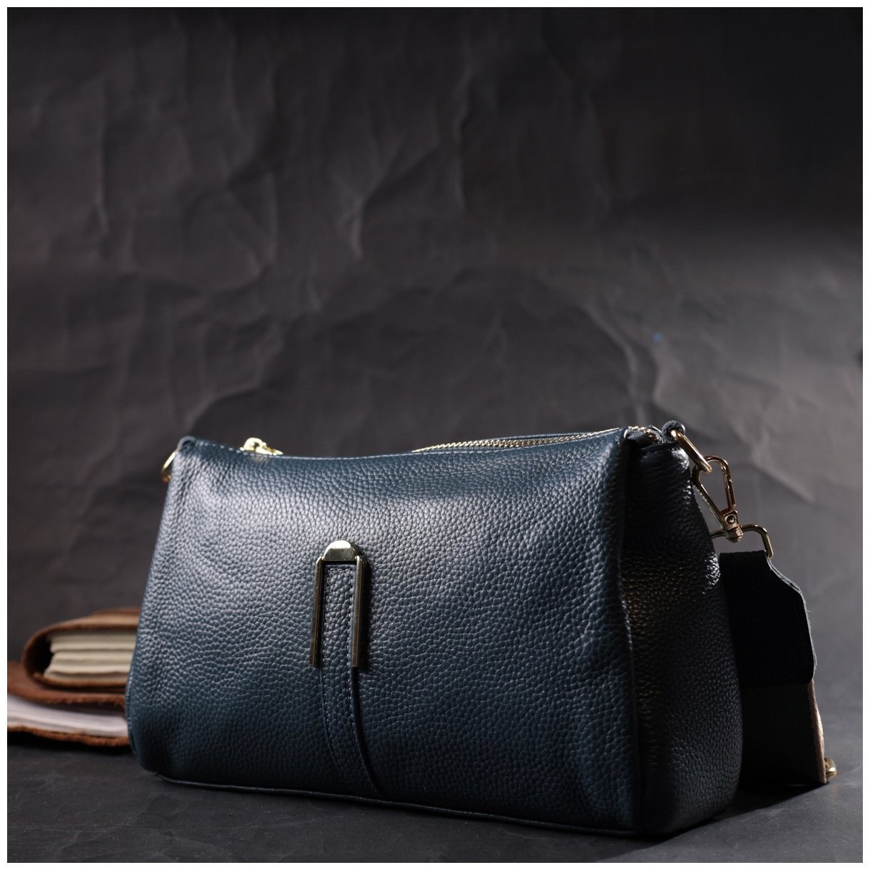 Женская горизонтальная сумка через плече из натуральной кожи синего цвета Vintage 2422287