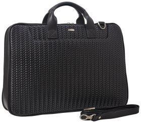 Чорна чоловіча сумка-портфель з натуральної шкіри під плетінку на дві блискавки Desisan 80924