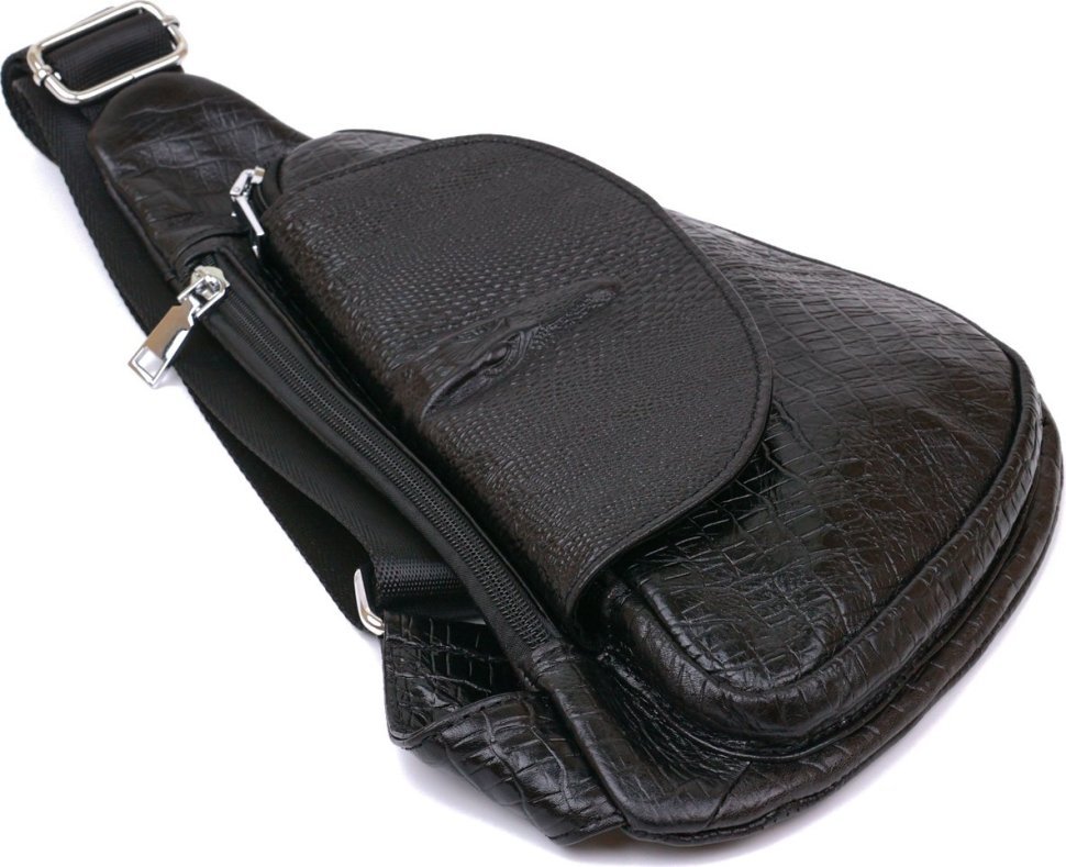 Чорна чоловіча сумка-слінг із натуральної шкіри з тисненням під змію Vintage (20696)