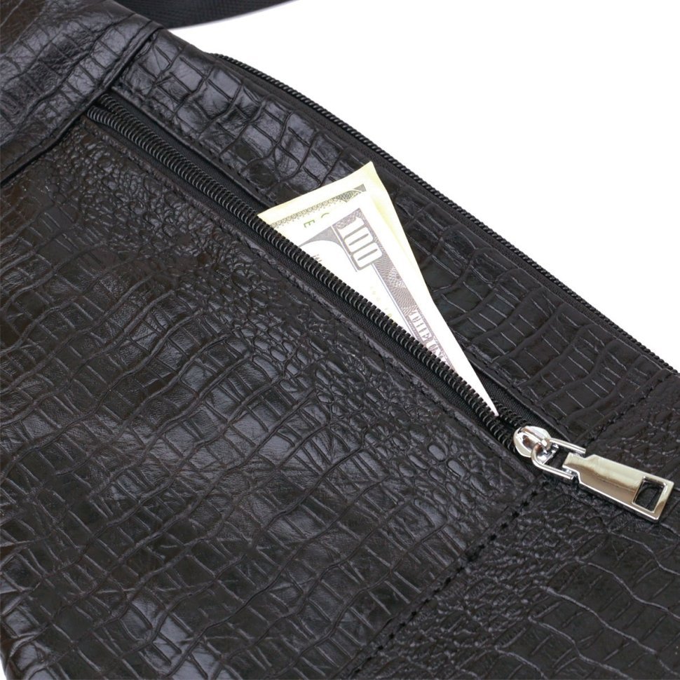 Черная мужская сумка-слинг из натуральной кожи с тиснением под змею Vintage (20696)