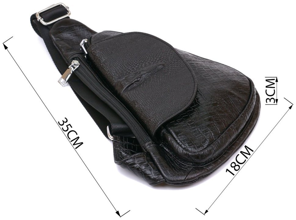 Чорна чоловіча сумка-слінг із натуральної шкіри з тисненням під змію Vintage (20696)