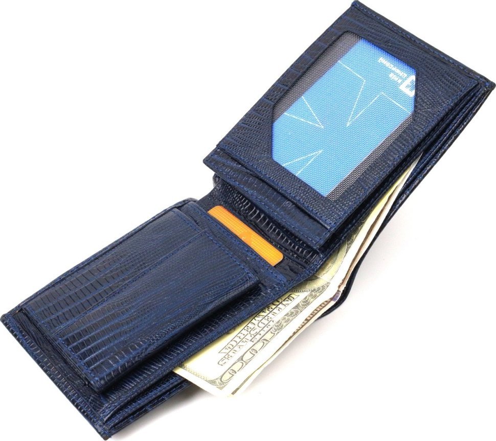 Синее мужское портмоне без застежки из натуральной кожи с тиснением CANPELLINI (2421760)