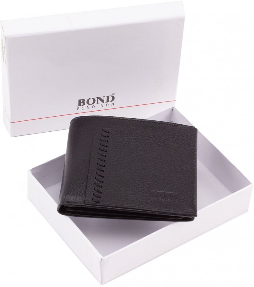 Компактное мужское портмоне из натуральной кожи черного цвета Bond Non (10631)