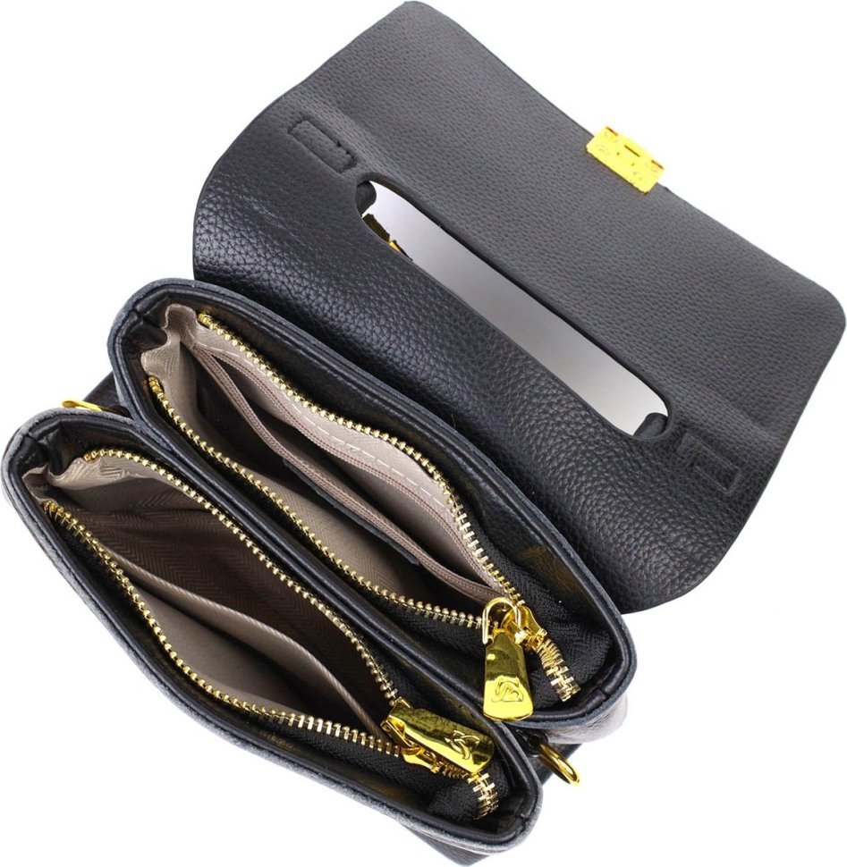 Женская компактная сумка из натуральной кожи черного цвета с ручкой Vintage (2422074)