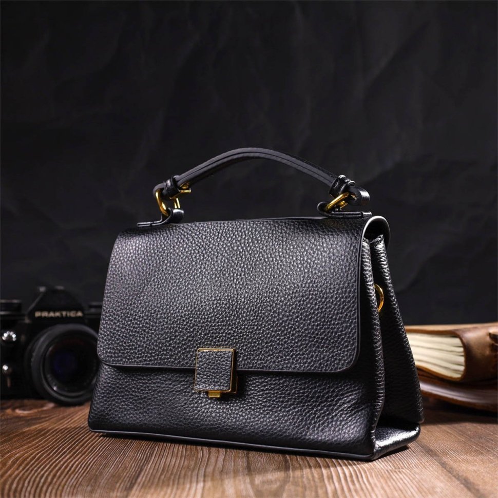 Комплектна жіноча сумка з натуральної шкіри чорного кольору з ручкою Vintage (2422074)