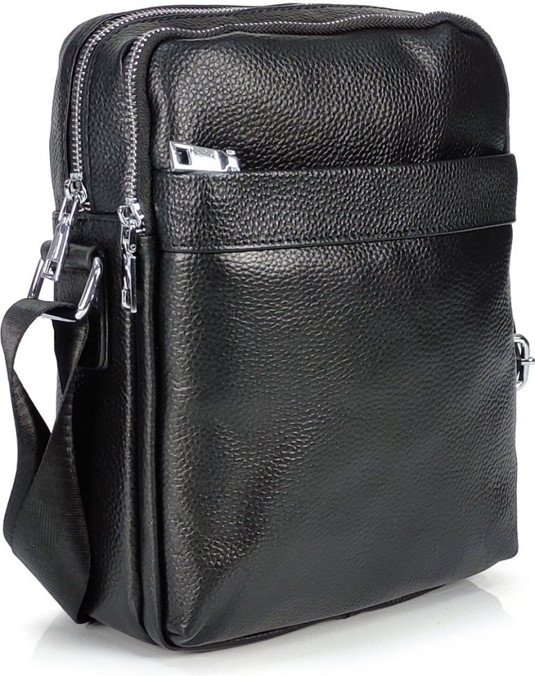 Чоловіча сумка-планшет чорного кольору з натуральної шкіри через плече Tiding Bag (15907)