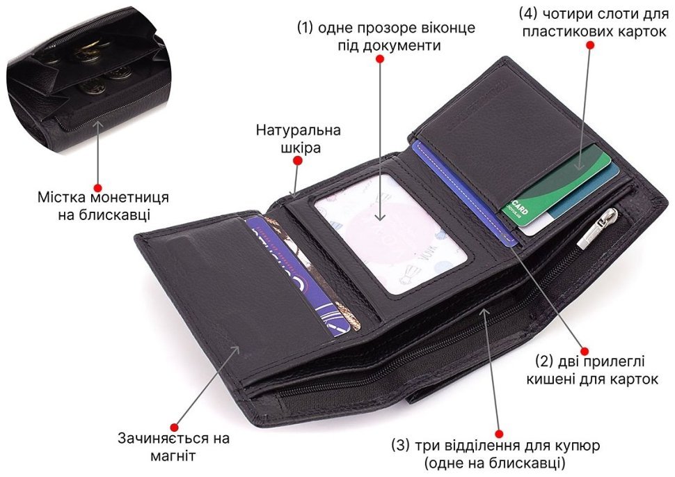 Шкіряний жіночий гаманець невеликого розміру в чорному кольорі з монетницею ST Leather 1767224 фото №4 Шкіряний жіночий гаманець невеликого розміру в чорному кольорі з монетницею ST Leather 1767224 modnotak фото №4