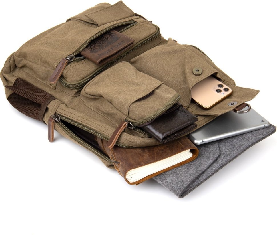 Оливковий дорожній рюкзак з текстилю на змійці Vintage (20620)