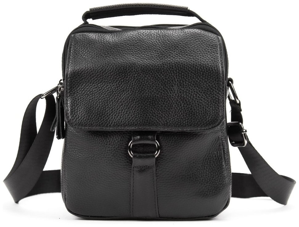 Мужская компактная сумка-барсетка из зернистой кожи черного цвета с ручкой Tiding Bag 77524
