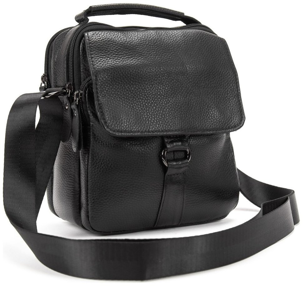 Мужская компактная сумка-барсетка из зернистой кожи черного цвета с ручкой Tiding Bag 77524