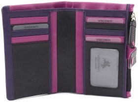 Кожаный женский кошелек черного цвета с розовой строчкой Visconti Malabu 68824