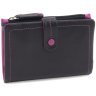 Кожаный женский кошелек черного цвета с розовой строчкой Visconti Malabu 68824