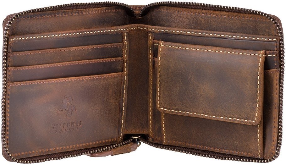 Коричневый мужской кошелек из винтажной кожи на молнии Visconti Bullet 68924