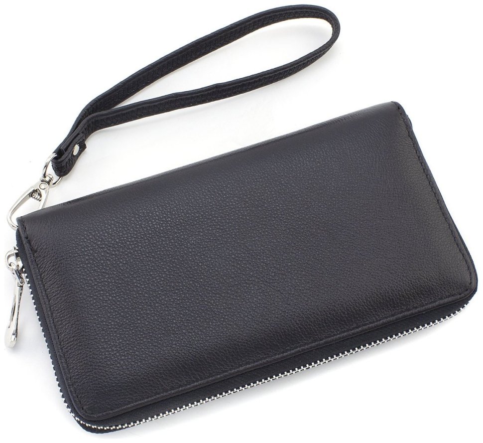 Шкіряний жіночий гаманець чорного кольору на одну блискавку ST Leather 73825