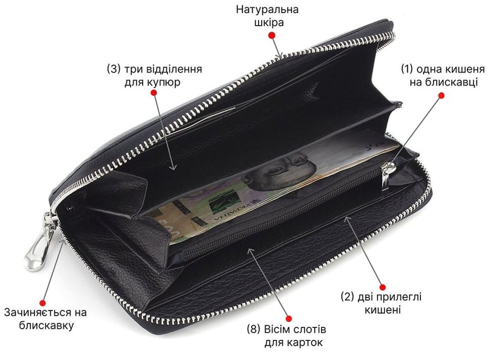 Шкіряний жіночий гаманець чорного кольору на одну блискавку ST Leather 73825 фото №4 Шкіряний жіночий гаманець чорного кольору на одну блискавку ST Leather 73825 modnotak фото №4