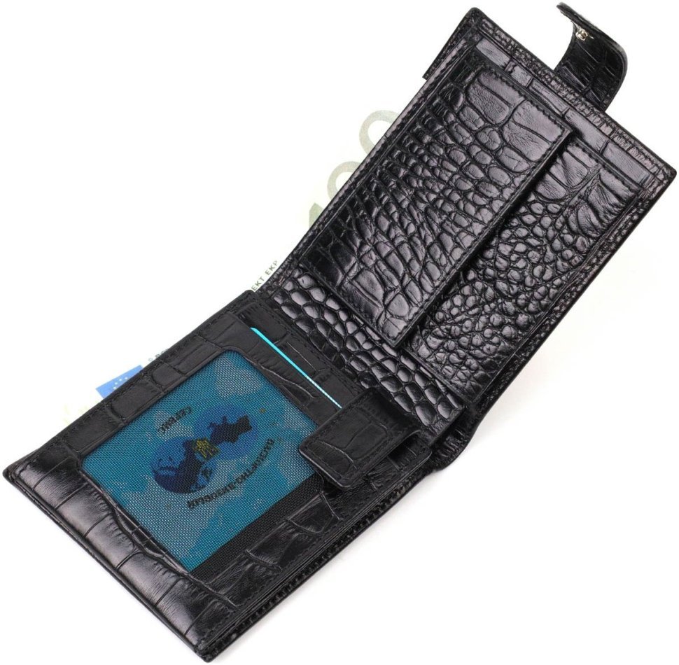 Черный мужской горизонтальный кошелек из натуральной кожи с тиснением под крокодила BOND (2422008)