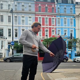 Мужской складной зонт полуавтомат синего цвета с ручкой из бамбука Fulton G938-041406 Portobello-1 Navy 94325