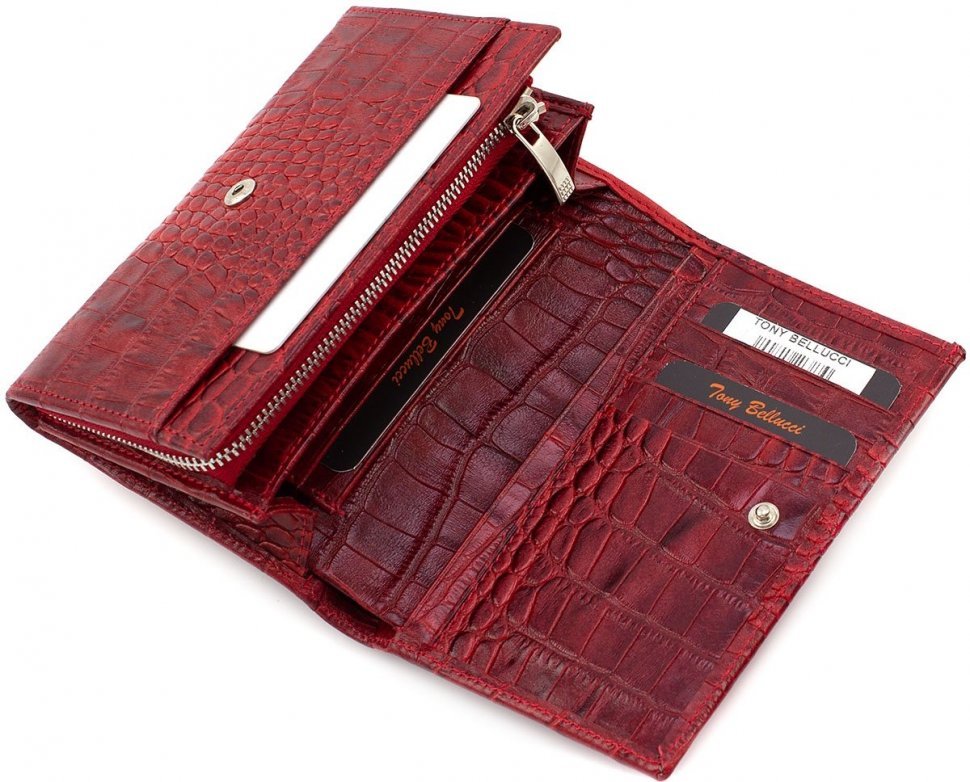 Красный классический кошелек из натуральной кожи с тиснением под крокодила Tony Bellucci (10752)