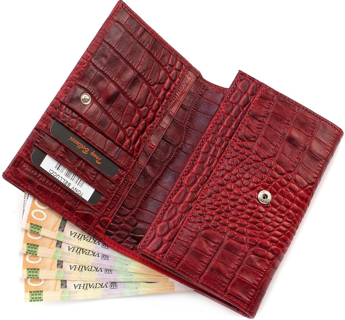 Червоний класичний гаманець з натуральної шкіри з тисненням під крокодила Tony Bellucci (10752)