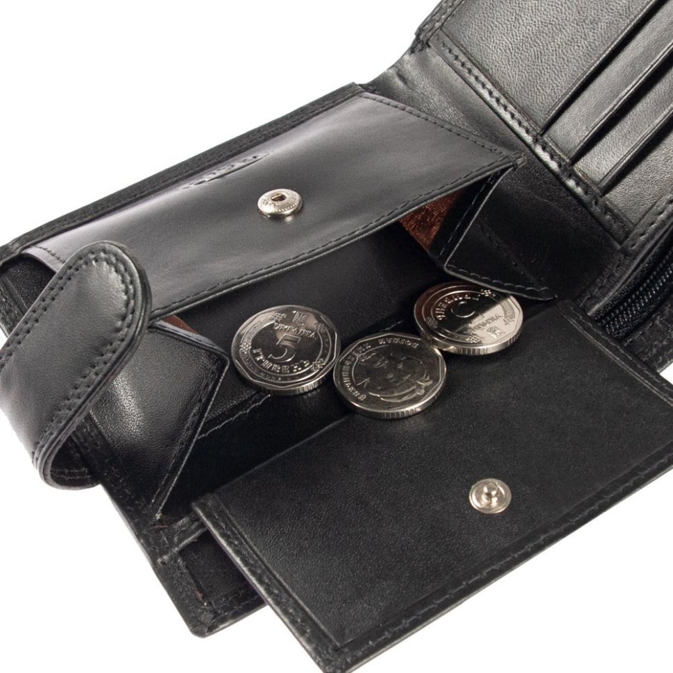 Мужское портмоне из гладкой кожи на кнопке с RFID-защитой Ashwood 1222 VT черного цвета 95425 modnotak фото №7