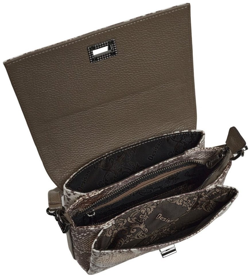 Каркасная женская сумка через плечо из натуральной кожи с фактурой под змею Desisan 107125 серая modnotak фото №6