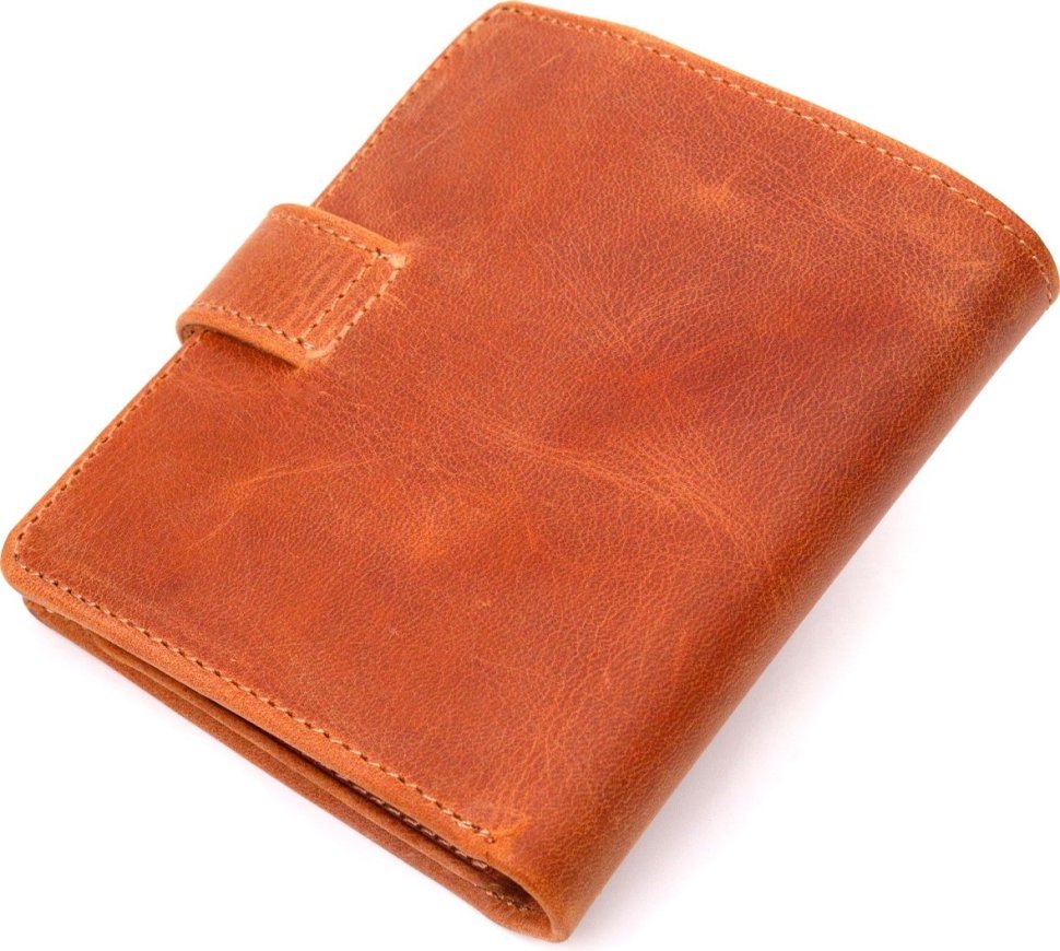 Рыжее мужское портмоне из добротной винтажной кожи с хлястиком на кнопке KARYA (2421327)