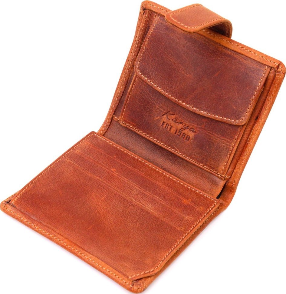 Руде чоловіче портмоне із добротної вінтажної шкіри з хлястиком на кнопці KARYA (2421327)