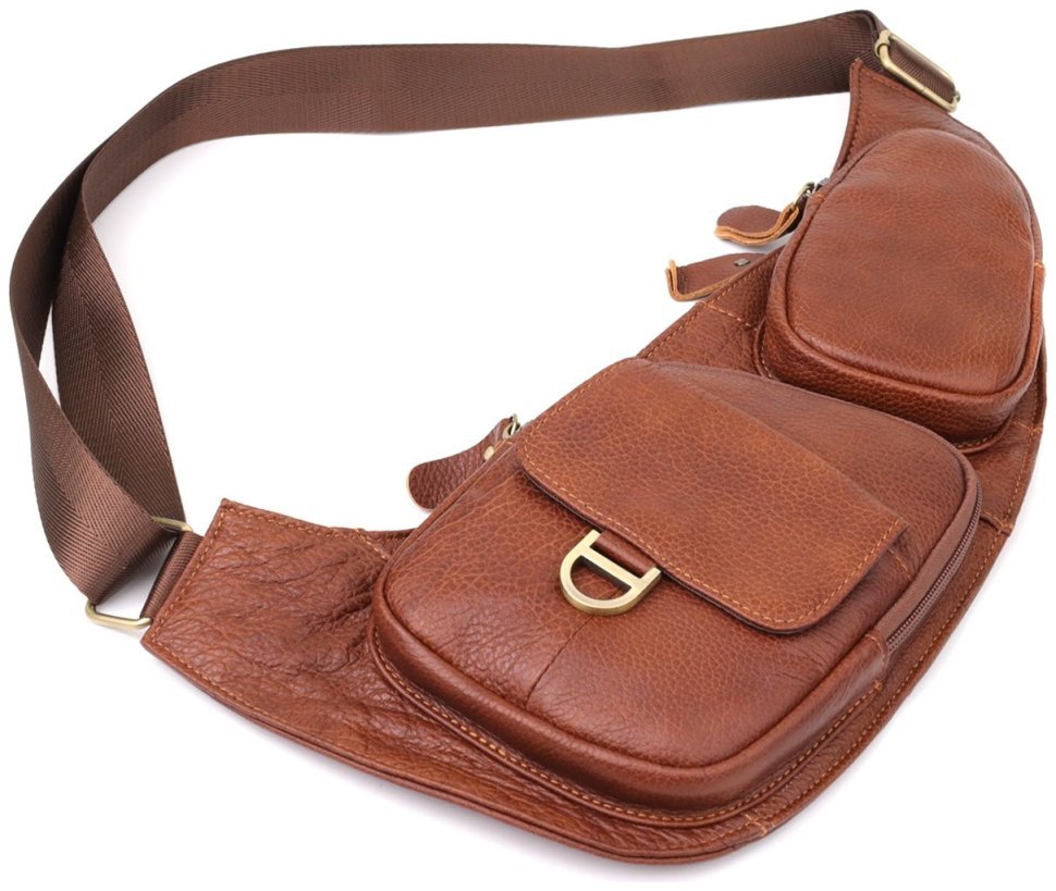 Городская мужская сумка-слинг из фактурной кожи коричневого цвета Vintage 98125 modnotak фото №6