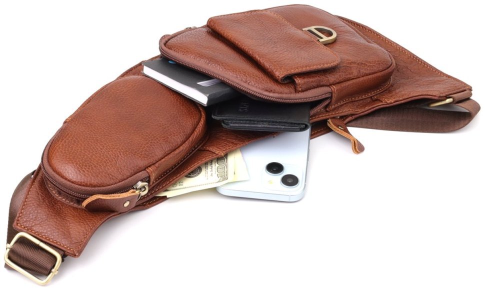 Городская мужская сумка-слинг из фактурной кожи коричневого цвета Vintage 98125 modnotak фото №8