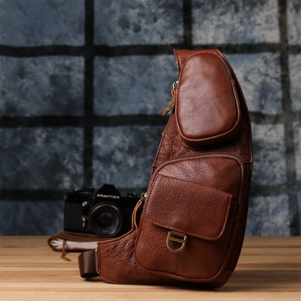 Городская мужская сумка-слинг из фактурной кожи коричневого цвета Vintage 98125 modnotak фото №9