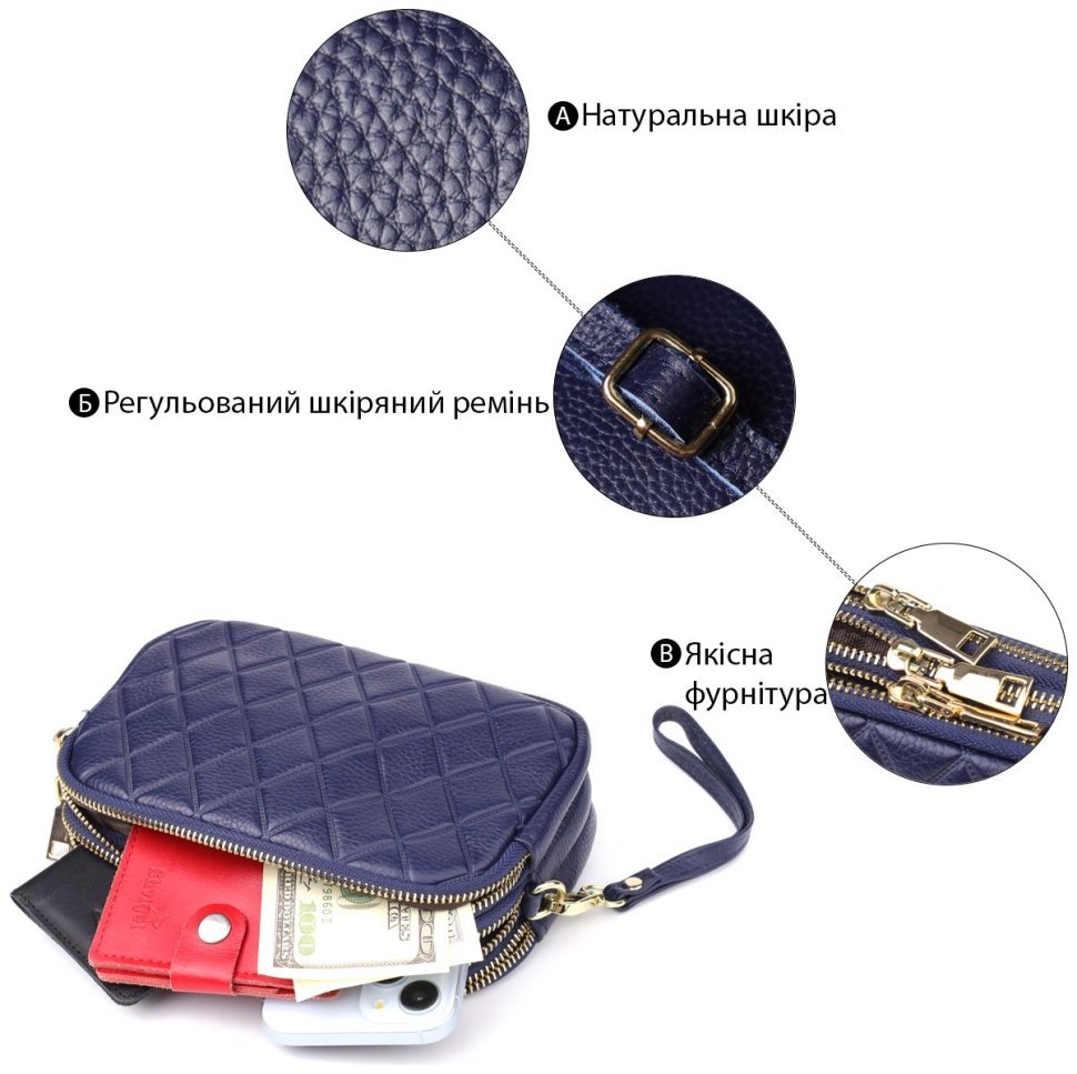 Компактная женская сумка на три отделения на каждый день из фактурной кожи Vintage 98225 синего цвета фото №5 Компактная женская сумка на три отделения на каждый день из фактурной кожи Vintage 98225 синего цвета modnotak фото №5