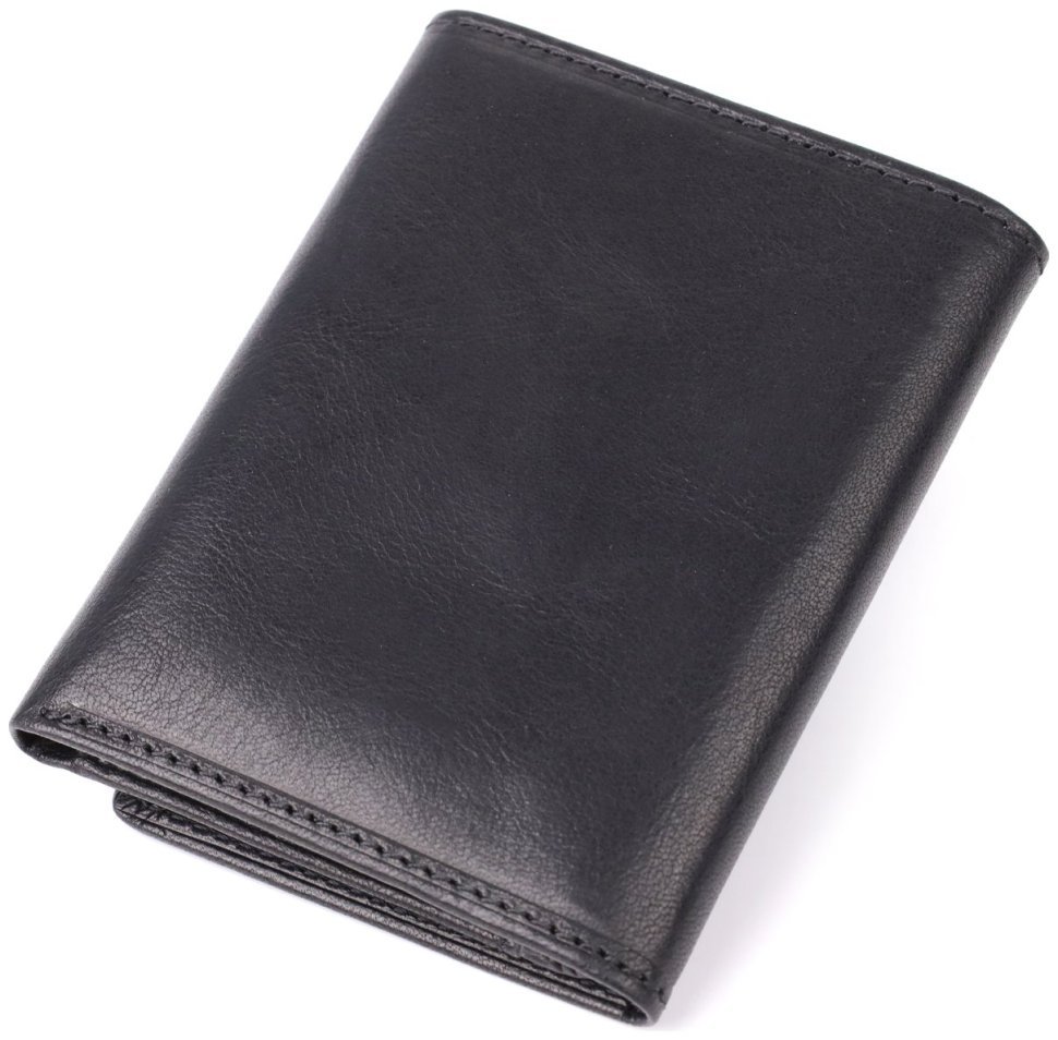 Компактное мужское портмоне из черной гладкой кожи без монетницы на кнопке Tony Perotti 108525 modnotak фото №2