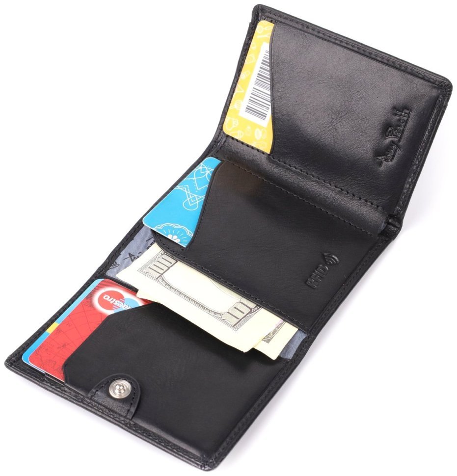 Компактное мужское портмоне из черной гладкой кожи без монетницы на кнопке Tony Perotti 108525 modnotak фото №6