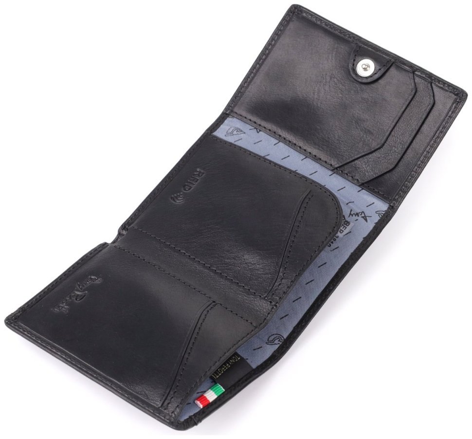 Компактное мужское портмоне из черной гладкой кожи без монетницы на кнопке Tony Perotti 108525 modnotak фото №7