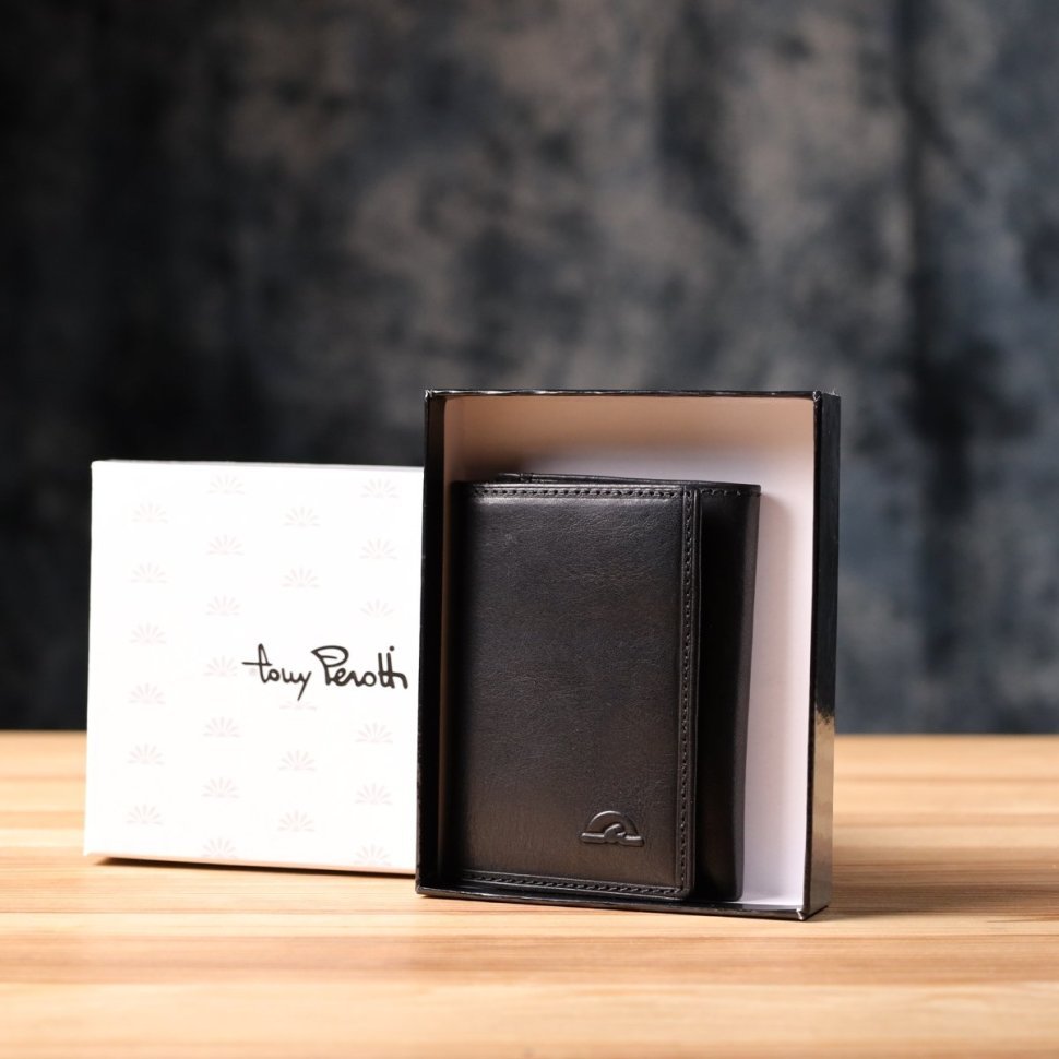 Компактное мужское портмоне из черной гладкой кожи без монетницы на кнопке Tony Perotti 108525 modnotak фото №10