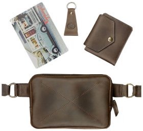 Чоловічий подарунковий набір (сумка, портмоне, брелок) із вінтажної шкіри темно-коричневого кольору BlankNote 78525