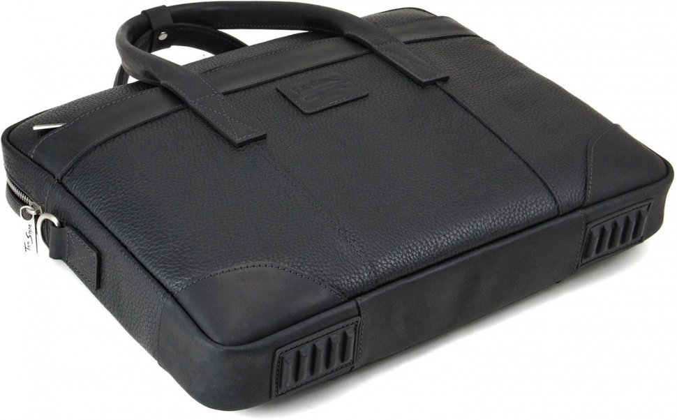 Класична шкіряна сумка під ноутбук і документи в чорному кольорі Tom Stone (10947)